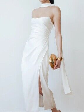 Jenny Yoo Perla Strapless Satin Midi Dress with Neck Scarf